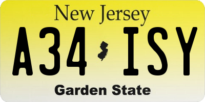 NJ license plate A34ISY