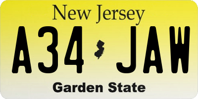 NJ license plate A34JAW