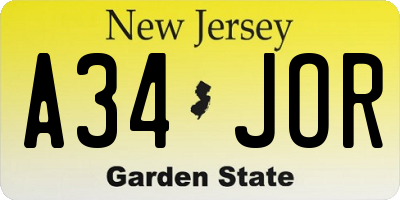 NJ license plate A34JOR