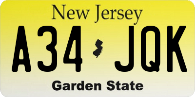 NJ license plate A34JQK