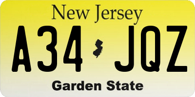 NJ license plate A34JQZ