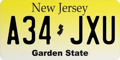NJ license plate A34JXU