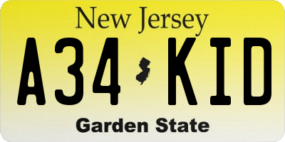 NJ license plate A34KID
