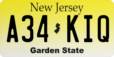 NJ license plate A34KIQ