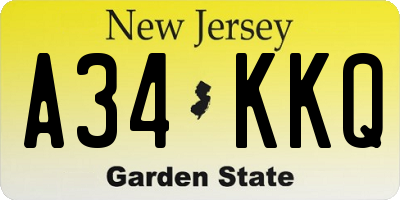 NJ license plate A34KKQ