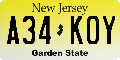 NJ license plate A34KOY