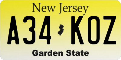 NJ license plate A34KOZ
