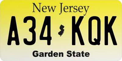 NJ license plate A34KQK