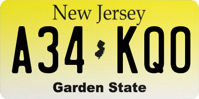 NJ license plate A34KQO