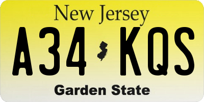 NJ license plate A34KQS