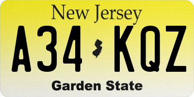 NJ license plate A34KQZ