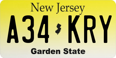 NJ license plate A34KRY