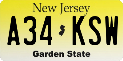 NJ license plate A34KSW