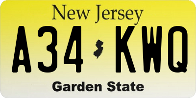 NJ license plate A34KWQ