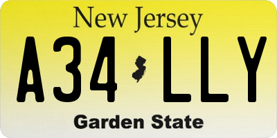 NJ license plate A34LLY