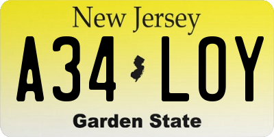 NJ license plate A34LOY