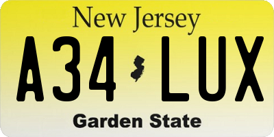 NJ license plate A34LUX