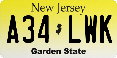 NJ license plate A34LWK