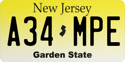 NJ license plate A34MPE