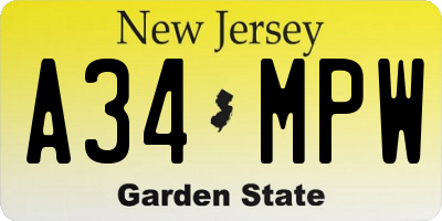 NJ license plate A34MPW