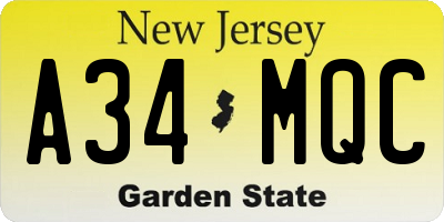 NJ license plate A34MQC