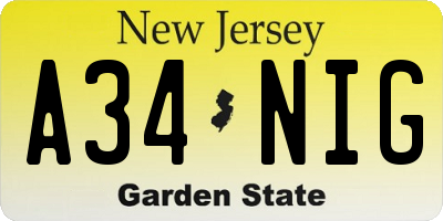 NJ license plate A34NIG