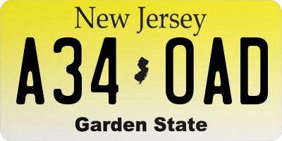 NJ license plate A34OAD