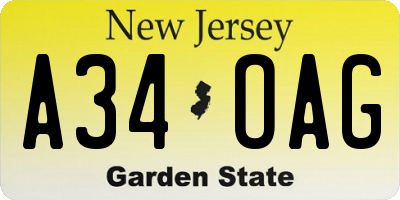 NJ license plate A34OAG