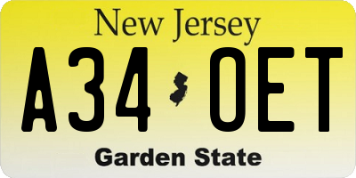 NJ license plate A34OET