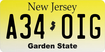NJ license plate A34OIG
