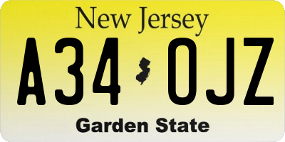 NJ license plate A34OJZ