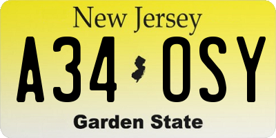 NJ license plate A34OSY