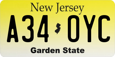 NJ license plate A34OYC