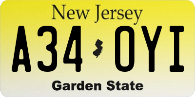 NJ license plate A34OYI