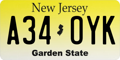 NJ license plate A34OYK