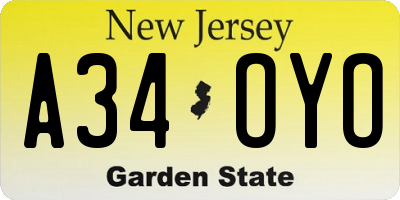 NJ license plate A34OYO