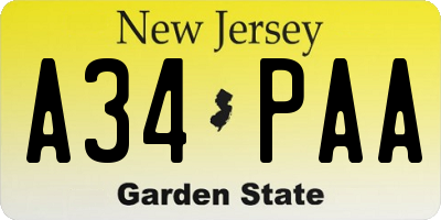 NJ license plate A34PAA