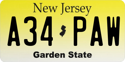 NJ license plate A34PAW