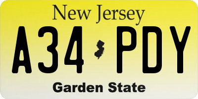 NJ license plate A34PDY