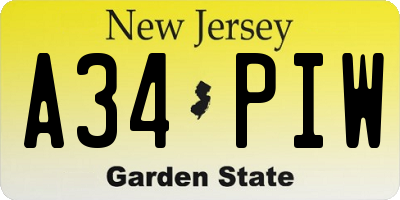 NJ license plate A34PIW