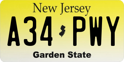 NJ license plate A34PWY