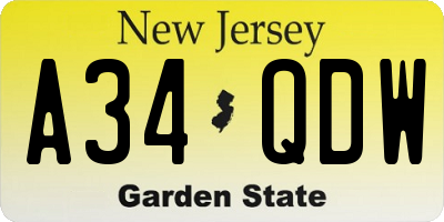 NJ license plate A34QDW