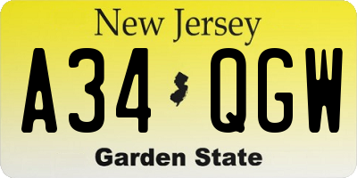 NJ license plate A34QGW