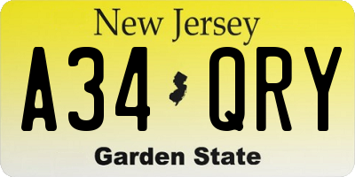 NJ license plate A34QRY