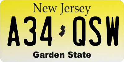 NJ license plate A34QSW