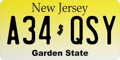 NJ license plate A34QSY