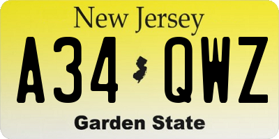 NJ license plate A34QWZ