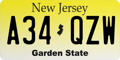 NJ license plate A34QZW