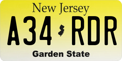 NJ license plate A34RDR