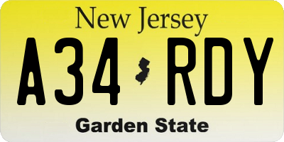 NJ license plate A34RDY